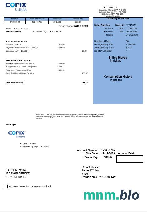 USA Corix Utilities rachunek za usługi komunalne szablon w formacie Word i PDF